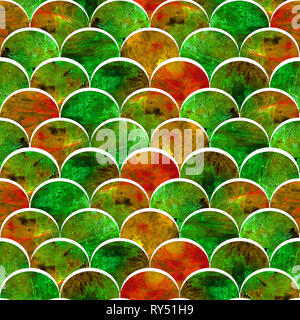 Helle Skalen Formen abstract Grunge bunte Spritzer Textur Aquarell nahtlose Muster in Grün mit roten Akzenten palette Stockfoto