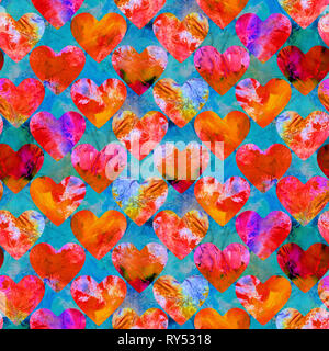 Herzen abstract Grunge bunte Spritzer Textur rosa Palette Aquarell nahtlose Muster auf blau grün Hintergrund Stockfoto