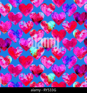 Herzen abstract Grunge bunte Spritzer Textur rosa Palette Aquarell nahtlose Muster auf blauem Hintergrund Stockfoto