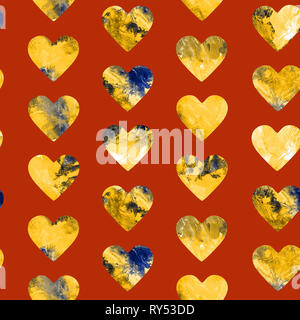 Herzen abstract Grunge bunte Spritzer Textur gelben Palette Aquarell nahtlose Muster auf rot-braunen Hintergrund Stockfoto