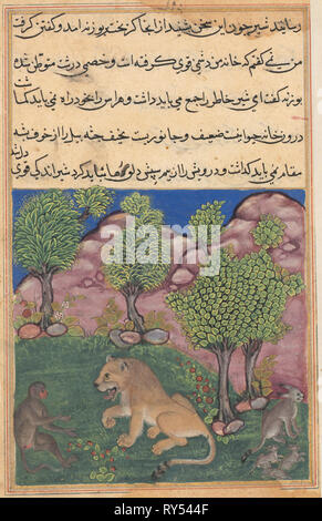 Tuti-Nama (Erzählungen von einem Papagei): Geschichte XXVIII: der Affe berät die Verdächtige Lion aus Angst und Besitz von seinem Territorium, C. 1560. Indien, Mughal, Herrschaft von Akbar, 16. Farbe und Gold auf Papier; gesamt: 20,3 x 14 cm (8 x 5 1/2 in. Stockfoto