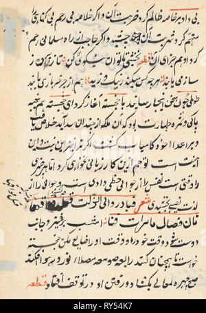 Seite von Geschichten über einen Papagei (Tuti-nama): text Seite, C. 1560. Indien, Mughal, Herrschaft von Akbar, 16. Tinte an Papier Stockfoto