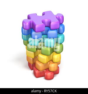 Rainbow farbige puzzle Jigsaw Pieces 3D-Render Abbildung auf weißem Hintergrund Stockfoto