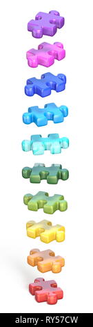 Sammlung von Regenbogenfarbenen puzzle Jigsaw Pieces 3D-Render Abbildung auf weißem Hintergrund Stockfoto