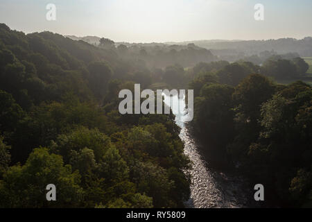 Blick vom Pontcysyllte Aquädukt: einem nebligen Morgen über Jeffrey's Holz und die Dee Valley, Vale von Llangollen, Wrexham, Wales Stockfoto