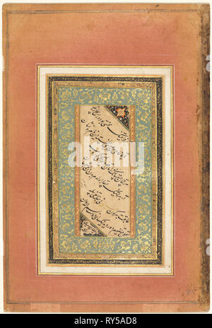 Persische Couplets (Verso); einzelne Seite mit Kalligraphie und Beleuchtung (Persische Verse), C. 1580. Iran, Herat, Timurid Zeitraum, Ende des 15. Jahrhunderts. Opak Aquarell, Tusche, Gold und Silber auf Papier; Blatt: 31,1 x 15 cm (12 1/4 x 5 7/8 in.); Bild: 22,6 x 14,7 cm (8 7/8 x 5 13/16 in.); Text: 13,4 x 6 cm (5 1/4 x 2 3/8 Zoll Stockfoto