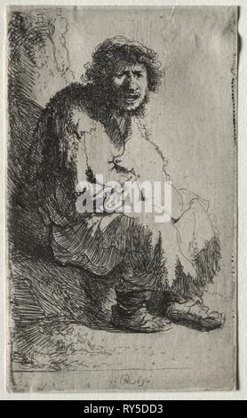 Bettler sitzen auf einer Bank, 1630. Rembrandt van Rijn (Niederländisch, 1606-1669). Ätzen; Blatt: 11,8 x 7 cm (4 5/8 x 2 3/4 in.); Plattenrand: 11,6 x 6,8 cm (4 9/16 x 2 11/16 in Stockfoto