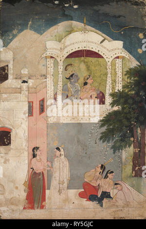 Radha und Krishna sitzt auf einem Balkon, C. 1760. Indien, Güler Schule, 18. Farbe auf Papier; gesamt: 32,5 x 20,6 cm (12 13/16 x 8 1/8 in. Stockfoto