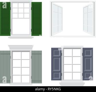 Satz von verschiedenen Fenstern mit Fensterläden Vector Illustration Stock Vektor