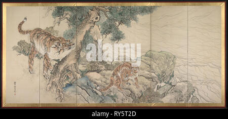 Tiger Familie, Anfang 1800. Kishi Ganku (Japanisch, 1749/56-1838). Einer der beiden 6-Panel klappbare Bildschirme; Tinte und Farbe auf Papier; Bild: 164,8 x 362,5 cm (64 7/8 x 142 11/16 in.); inkl. Montage: 179.4 x 384.8 cm (70 5/8 x 151 1/2 in. Stockfoto