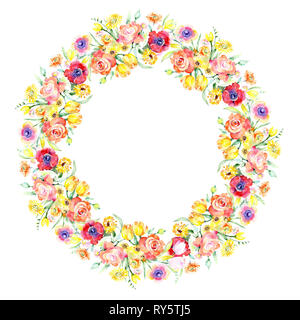 Gelbe und rote Blumen botanischen Blumen Blumenstrauß. Aquarell Hintergrund Abbildung. Rahmenlinie ornament Quadrat. Stockfoto