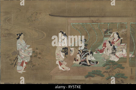 Lover's Besuchen, 1680-1730. Tamura Suio (Japanisch). Hängerolle, Tusche und Farbe auf Seide; Bild: 50,4 x 82,2 cm (19 13/16 x 32 3/8 in.); insgesamt: 155,2 x 97,7 cm (61 1/8 x 38 5/6 in.); mit Drehknöpfen: 155,2 x 104,7 cm (61 1/8 x 41 1/4 in Stockfoto