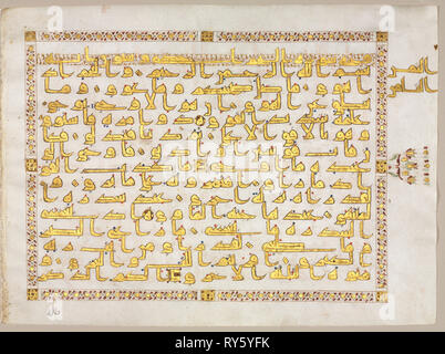 Seite aus dem Koran (verso), 800 s. Nordafrika, Aghlabid oder der Abbasiden. Gold, Tusche und Farben auf Pergament; gesamt: 26,7 x 73 cm (10 1/2 x 28 3/4 in.); Folio: 36,3 cm (14 5/16 in.); Text: 22,8 x 30 cm (9x11 13/16-in Stockfoto