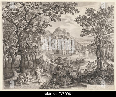 Elisa Fluch der Kinder von Bethel, die durch die Bären, 1602 verschlungen werden. Gillis van Coninxloo (Niederländischen, 1544-1607), Nicolaes de Bruyn (Niederländischen, 1571-1656). Gravur; Blatt: 47,4 x 59,9 cm (18 11/16 x 23 9/16 in.); Plattenrand: 46,5 x 58,7 cm (18 5/16 x 23 1/8 in. Stockfoto