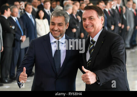 DF-Brasilia - 03/12/2019 - Besuch des Präsidenten von Paraguay - Jair Bolsonaro, Präsident der Republik, begleitet von Mario Abdo Benitez, Präsident von Paraguay, am Dienstag, 12. März während des Besuchs von Mario Abdo Benitez, Präsident von Paraguay, im Palacio Do Planalto gehalten. Foto: Mateus Bonomi/AGIF Stockfoto
