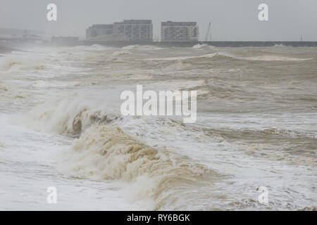 Brighton, England, UK. 12 Mär, 2019. Brighton, East Sussex. 12. März 2019. UK Wetter. Starke Winde und Meere sind überwiegend an der Küste von Brighton als Sturm Gareth Ansätze. Das Met Office hat eine gelbe Wetter Warnung für Wind ausgestellt, in der Erwartung, über Nacht verursachen mehr Unterbrechung zu stärken. Credit: Francesca Moore/Alamy leben Nachrichten Stockfoto