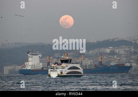 (190312) - Istanbul, 12. März 2019 (Xinhua) - die Schiffe sind in den Bosporus, Istanbul, Türkei, Jan. 19, 2019 gesehen. Die türkischen Behörden eine Rekordmenge von Geldbußen auf Schiffen, dass belastete die umgebenden Meere des Landes größte Stadt Istanbul im vergangenen Jahr. Die Stadtverwaltung Istanbul kündigte kürzlich auf seiner Webseite, dass insgesamt 87 Schiffe im letzten Jahr mit 5,7 Millionen Türkische Lira (etwa 1,1 Millionen US-Dollar) für die Verschmutzung des Schwarzen Meeres, das Marmarameer und den Bosporus verurteilt. (Xinhua / Xu Suhui) Stockfoto