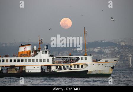 (190312) - Istanbul, 12. März 2019 (Xinhua) - ein Schiff in den Bosporus, Istanbul, Türkei, Jan. 19, 2019 gesehen. Die türkischen Behörden eine Rekordmenge von Geldbußen auf Schiffen, dass belastete die umgebenden Meere des Landes größte Stadt Istanbul im vergangenen Jahr. Die Stadtverwaltung Istanbul kündigte kürzlich auf seiner Webseite, dass insgesamt 87 Schiffe im letzten Jahr mit 5,7 Millionen Türkische Lira (etwa 1,1 Millionen US-Dollar) für die Verschmutzung des Schwarzen Meeres, das Marmarameer und den Bosporus verurteilt. (Xinhua / Xu Suhui) Stockfoto