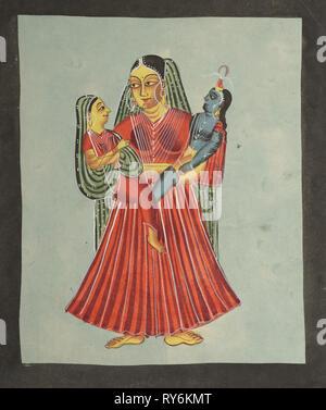 Yasoda Holding Krishna und Radha, 1800. Indien, Kalkutta, Kalighat Malerei, 19. Schwarze Tinte, Farbe und Lack, Silber und Graphit auf Papier; underdrawing sekundären Support: 36 x 29,1 cm (14 1/4 x 11 5/6 in.); nur die Malerei: 30,1 x 25,2 cm (11 7/8 x 9 15/16 in Stockfoto