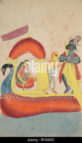 Übersetzende Radha Krishna Über den Yamuna-fluss, 1800. Indien, Kalkutta, Kalighat Malerei, 19. Schwarze Tusche, Aquarell, und Zinn Farbe, mit Graphit underdrawing auf Papier; sekundäre Support: 48,5 x 29,3 cm (19 1/8 x 11 9/16 in.); nur die Malerei: 45,5 x 27,4 cm (17 15/16 x 10 13/16 in Stockfoto