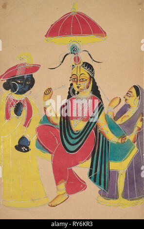 Von Radha Krishna stehend, auf einem Stuhl, 1800s sitzt. Indien, Kalkutta, Kalighat Malerei, 19. Schwarze Tinte, Farbe und Lack, Silber und Graphit auf Papier; underdrawing sekundären Support: 51,7 x 27,8 cm (20 3/8 x 10 15/16 in.); nur die Malerei: 45,4 x 27,7 cm (17 7/8 x 10 7/8 in Stockfoto