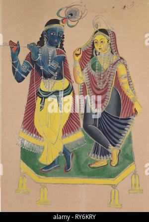 Radha und Krishna, 1800. Indien, Kalkutta, Kalighat Malerei, 19. Schwarze Tinte, Farbe und Lack, Silber und Graphit underdrawing auf Papier; nur die Malerei: 40,4 x 27,9 cm (15 7/8 x 11 in Stockfoto