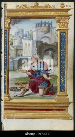Blatt aus einem Buch von Stunden: König David im Gebet (2 von 3 Exzidiert Blätter), C. 1530-35. Noël Bellemare (Französisch, d. 1546), dem 1520 s Stunden Workshop (Französisch). Tusche, Tempera und flüssiges Gold auf Pergament; jedes Blatt: 11,2 x 6,4 cm (4 7/16 x 2 1/2 in. Stockfoto