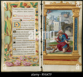 Benachbarte Blätter aus einem Buch von Stunden: Bußpsalmen und König David im Gebet (2 von 3 Exzidiert Blätter), C. 1530-35. Noël Bellemare (Französisch, d. 1546), dem 1520 s Stunden Workshop (Französisch). Tusche, Tempera und flüssiges Gold auf Pergament; jedes Blatt: 11,2 x 6,4 cm (4 7/16 x 2 1/2 in. Stockfoto