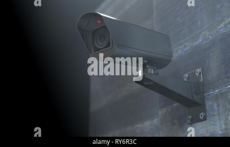 Ein drahtloses Überwachungskamera mit leuchtenden Lampen an der Wand in der Nacht montiert - Zeit mit Kopieren - 3D-Rendering Stockfoto