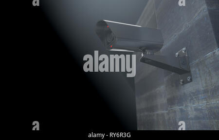Ein drahtloses Überwachungskamera mit leuchtenden Lampen an der Wand in der Nacht montiert - Zeit mit Kopieren - 3D-Rendering Stockfoto