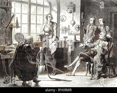 James Watt in seiner kleinen Werkstatt in Glasgow Stockfoto