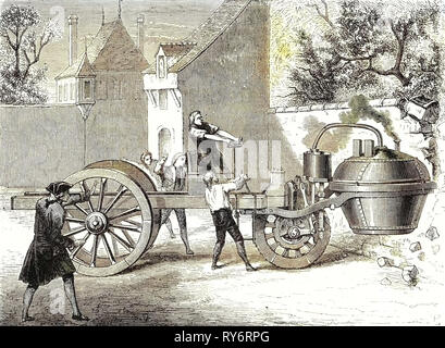 Der erste Dampf Auto vom Erfinder Cugnot bei Arsenal getestet in Paris im Jahr 1770 Stockfoto