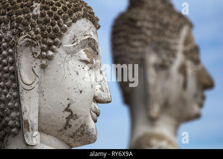 Buddha Köpfe auf blauen Himmel Hintergrund in Ayutthaya Stockfoto