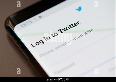 New York, USA - 11. März 2019: Melden Sie sich bei Twitter auf Bildschirm des Smartphones Nähe zu sehen. Stockfoto