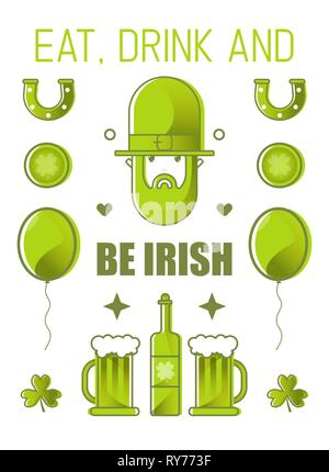Bunte festliche Bunting mit Kleeblatt auf grünem Hintergrund. Irische Ferienwohnung happy St. Patrick's Day Kulisse mit Girlande Fahnen. Vector Abbildung f Stock Vektor
