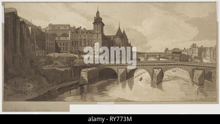 Auswahl von Zwanzig der schönsten Ansichten in Paris: Blick von Pont au Change, 1802. Thomas Girtin (British, 1775-1802), Friedrich Christian Lewis (British, 1779-1856). Softground Radierung und Aquatinta in Braun gedruckt; Blatt: 25,6 x 50,1 cm (10 1/8 x 19 3/4 in.); Bild: 22,9 x 49,1 cm (9 x 19 5/16 Zoll Stockfoto