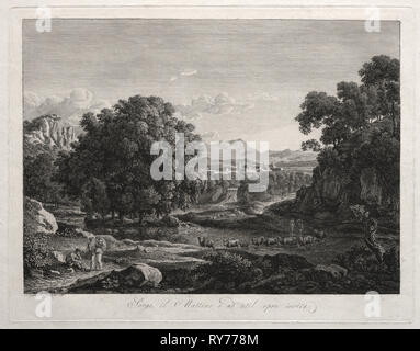 Heroischer Landschaft: Rinder, den Fluss zu überqueren, 1795. Johann Christian Reinhart (1761-1847). Ätzen; Blatt: 42,9 x 53,8 cm (16 7/8 x 21 3/16 in. Stockfoto