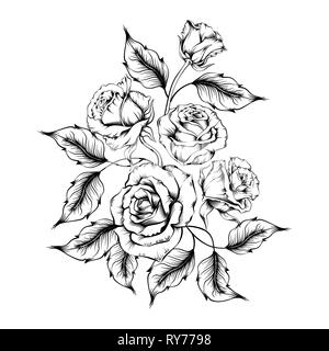 Rose Tattoo. Silhouette von Rosen und Blätter auf einem weißen Hintergrund. Linework Stil. Muster der Rosen Stock Vektor