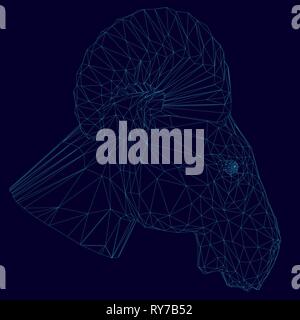 Drahtmodell der Kopf eines Widders der blauen Linien auf einem dunklen Hintergrund. Von der Seite. Polygonale Ram Head mit Hörnern. 3D. Vector Illustration Stock Vektor