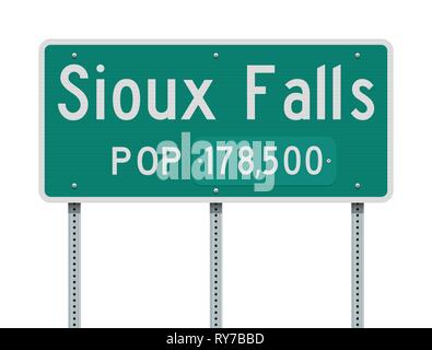 Vector Illustration der Sioux Falls Eingabe grüne Schild mit Bevölkerung Informationen Stock Vektor