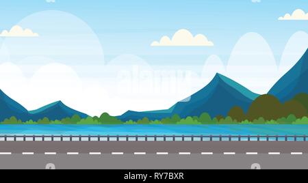 Straße in der Nähe der River Mountain Forest Woods natürliche Landschaft Hintergrund horizontale Banner flach Stock Vektor