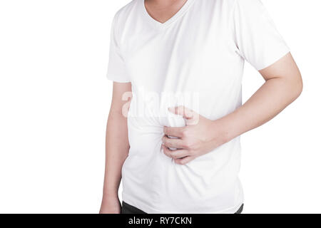 Asiatische junge Männer leiden unter Magengeschwüren. Gastritis verursacht durch die Infektion mit H. pylori-Bakterien im Gesundheitswesen und Gesundheit Problem Konzept isol Stockfoto