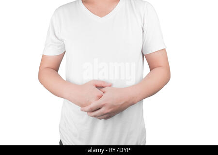 Asiatische junge Männer leiden unter Magengeschwüren. Gastritis durch die Infektion mit H. pylori-Bakterien im Gesundheitswesen und Gesundheit Problem Konzept verursacht Stockfoto