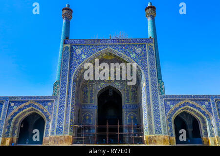Isfahan Masjed-e-Jadid-e Schah Abbasi Großen königlichen Moschee Main Iwan Minarett Dome Tor Portal Stockfoto