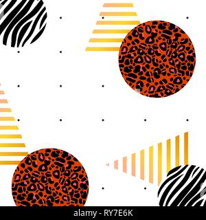 Abstrakte Tier Hintergrund Vektor-illustration Muster mit schwarzen Tupfen, golden glänzenden Dreiecke, Leopard, und Zebra print in runden Formen Stock Vektor