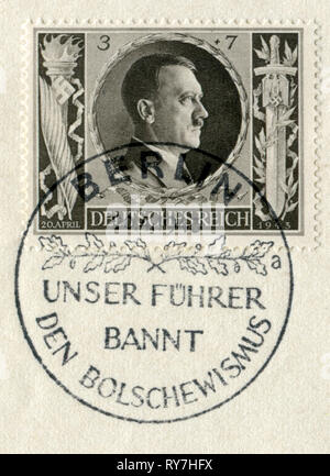 Deutsche historische Stempel: "Der 54. Geburtstag von Adolf Hitler" mit Sonderstempel "Unsere Fuhrer Verbote Bolschewismus", 20. April 1943, DR, Drittes Reich, ww2 Stockfoto