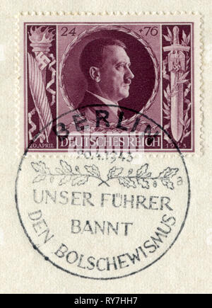 Deutsche historische Stempel: "Der 54. Geburtstag von Adolf Hitler" mit Sonderstempel "Unsere Fuhrer Verbote Bolschewismus", 20. April 1943, DR, Drittes Reich, ww2 Stockfoto