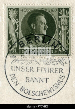 Deutsche historische Stempel: "Der 54. Geburtstag von Adolf Hitler" mit Sonderstempel "Unsere Fuhrer Verbote Bolschewismus", 20. April 1943, DR, Drittes Reich, ww2 Stockfoto