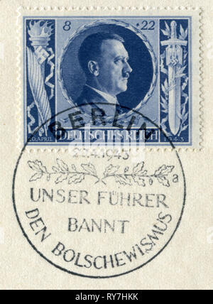 Deutsche historische Stempel: "Der 54. Geburtstag von Adolf Hitler" mit Sonderstempel "Unsere Fuhrer Verbote Bolschewismus", 20. April 1943, DR, Drittes Reich, ww2 Stockfoto