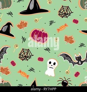 Halloween nahtlose Muster Hintergrund mit Kürbis, Fledermaus, Lutscher, Geist. Hand Zeichnungselemente Stock Vektor